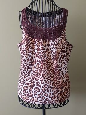 Jones New York Leopard Print Tank with Crochet Trim - Burgundy